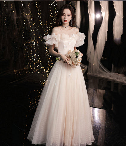 Champagne tulle long prom dress A line evening dress  10423