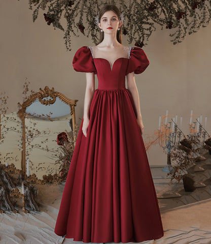 Burgundy satin long prom dress A line evening dress  10373