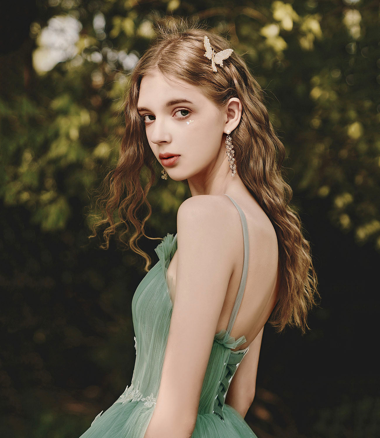 Green tulle lace long prom dress A line evening dress  10419