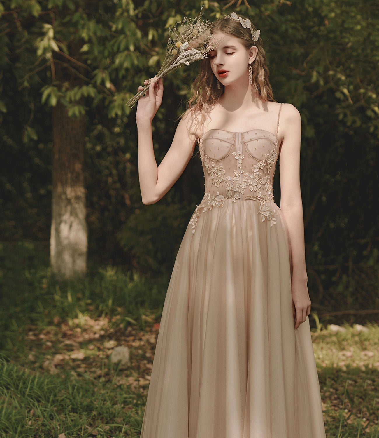 Cute tulle lace long prom dress A line evening dress  10398