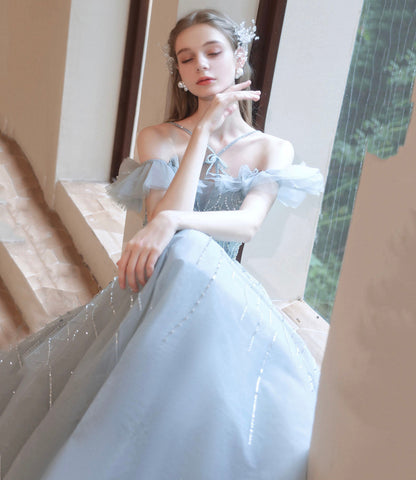 Gray tulle beads long prom dress A line evening dress  10425
