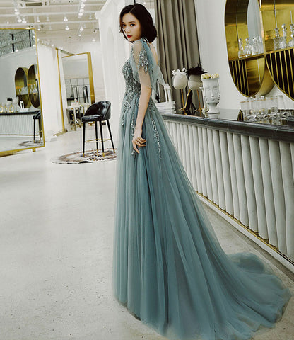 Cute tulle lace long prom dress A line evening dress  10422