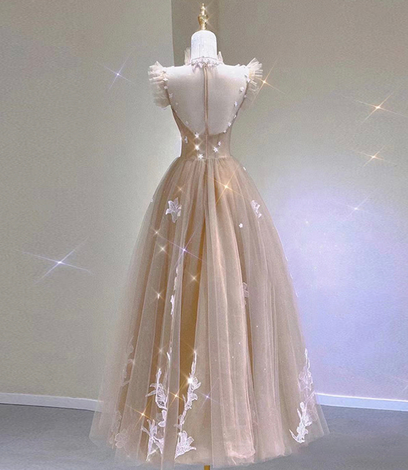 Champagne tulle lace tea length prom dress evening dress  10313