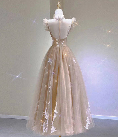 Champagne tulle lace tea length prom dress evening dress  10313