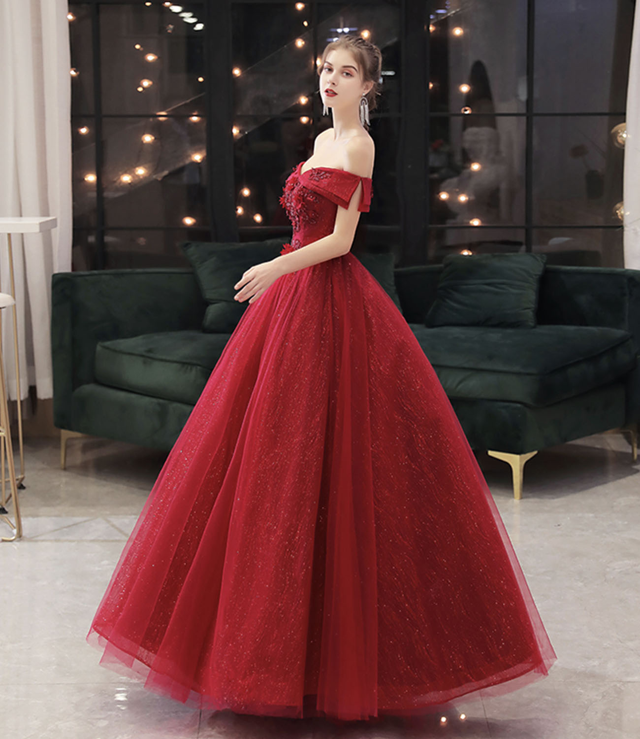 Burgundy tulle lace long prom dress A line evening gown  10323