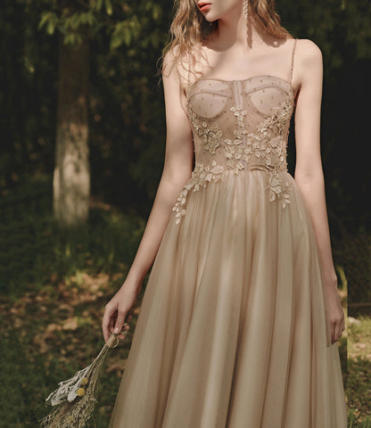 Cute tulle lace long prom dress A line evening dress  10398