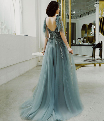 Cute tulle lace long prom dress A line evening dress  10422
