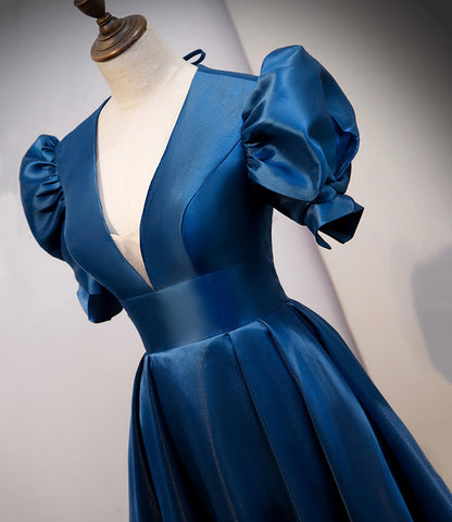 Blue satin long prom dress A line evening gown  10309
