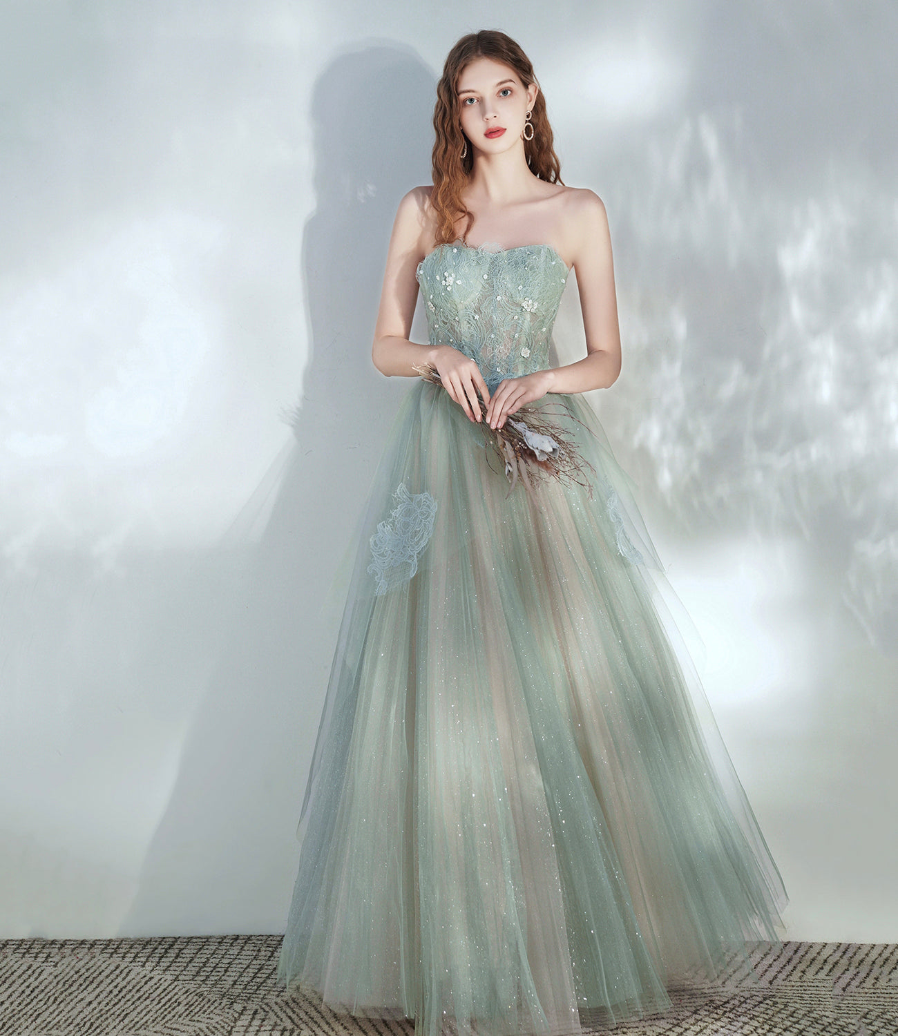 Green tulle lace long prom dress A line evening dress  10379