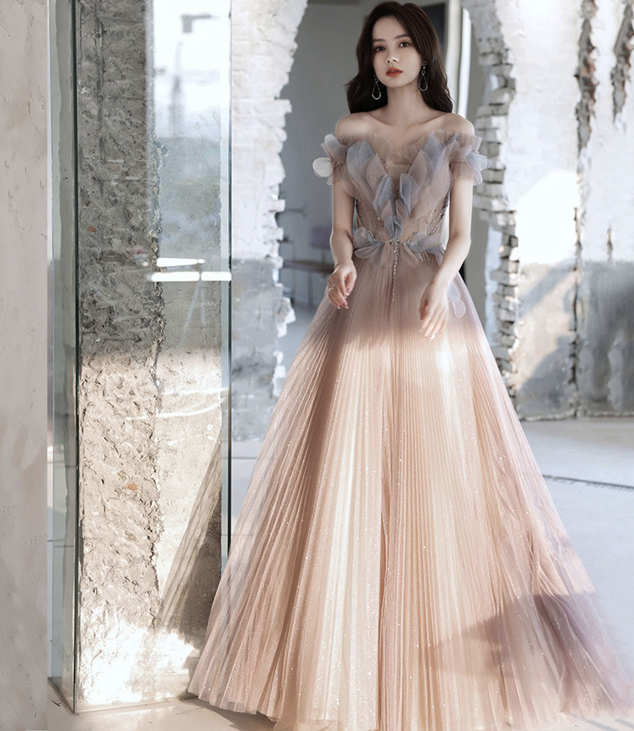 Cute tulle long prom dress A line evening dress  10426