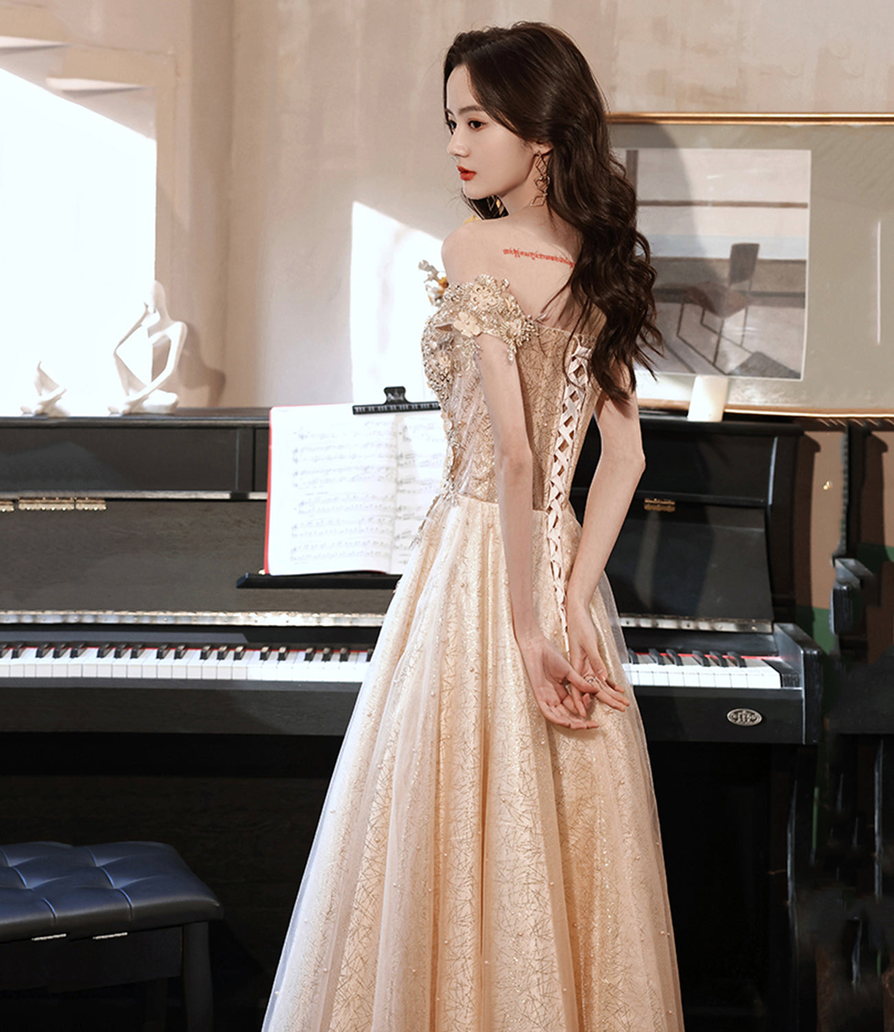 Champagne tulle lace long prom dress A line evening gown  10381