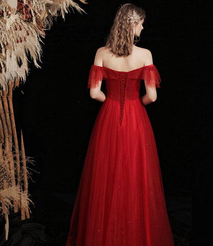 Burgundy tulle beads long prom dress A line evening gown  10428