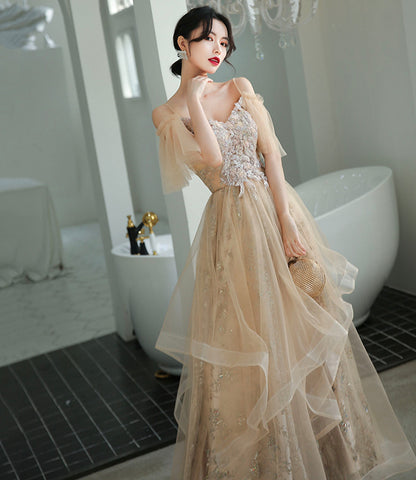 Champagne tulle lace long prom dress A line evening dress  10339