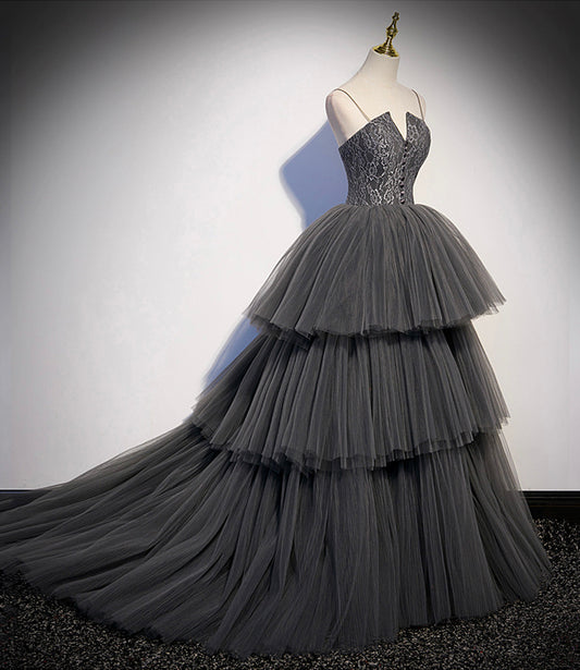 Gray tulle lace long ball gown dress formal gown  10296