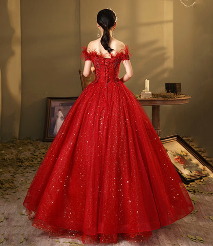 Red tulle sequins long ball gown dress A line evening dress  10324