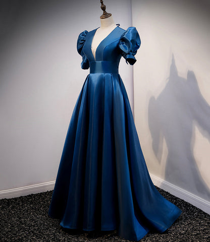 Blue satin long prom dress A line evening gown  10309