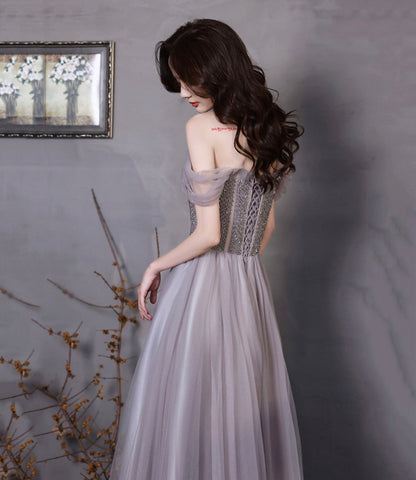 Cute tulle beads long prom dress A line evening gown  10319