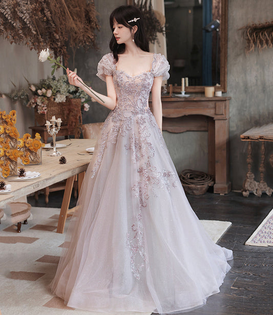 Cute tulle sequins long prom dress evening dress  10251