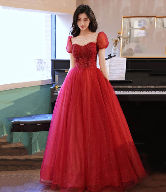Burgundy tulle beads long prom dress evening gown  10214
