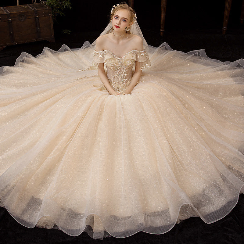 Champagne tulle sequins long prom dress evening gown  10250