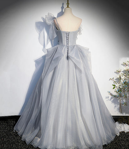 Gray tulle long ball gown dress A line evening gown  10273