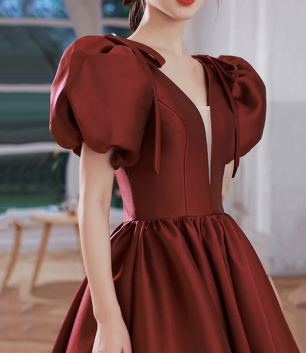 Burgundy v neck satin long prom gown A line formal gown  10212