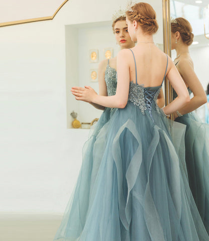 Blue tulle lace long prom dress blue evening gown  10241