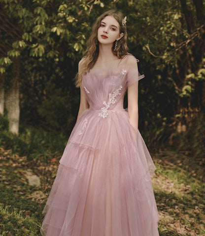 Pink tulle lace long prom dress pink evening gown  10188