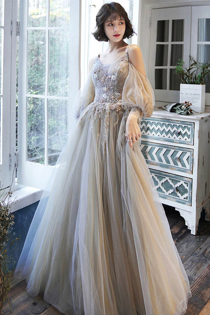 Cute tulle lace long prom dress A line evening dress  10171