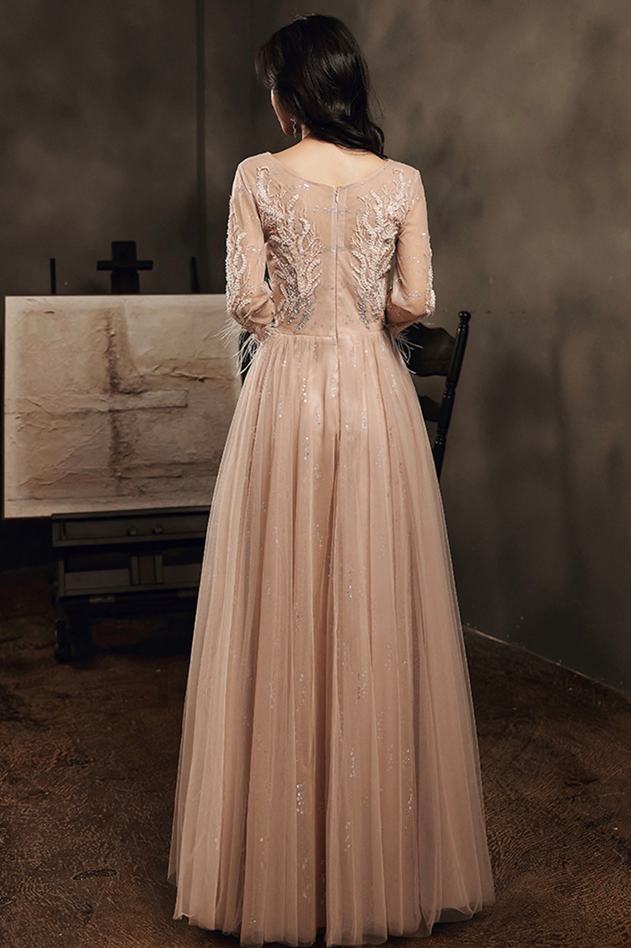 Stylish tulle lace long prom dress long sleeve evening dress  10176