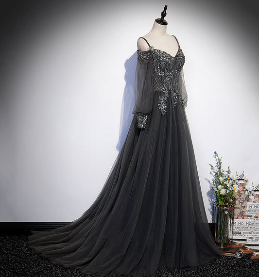 Gray tulle lace long prom dress A line evening dress  10109