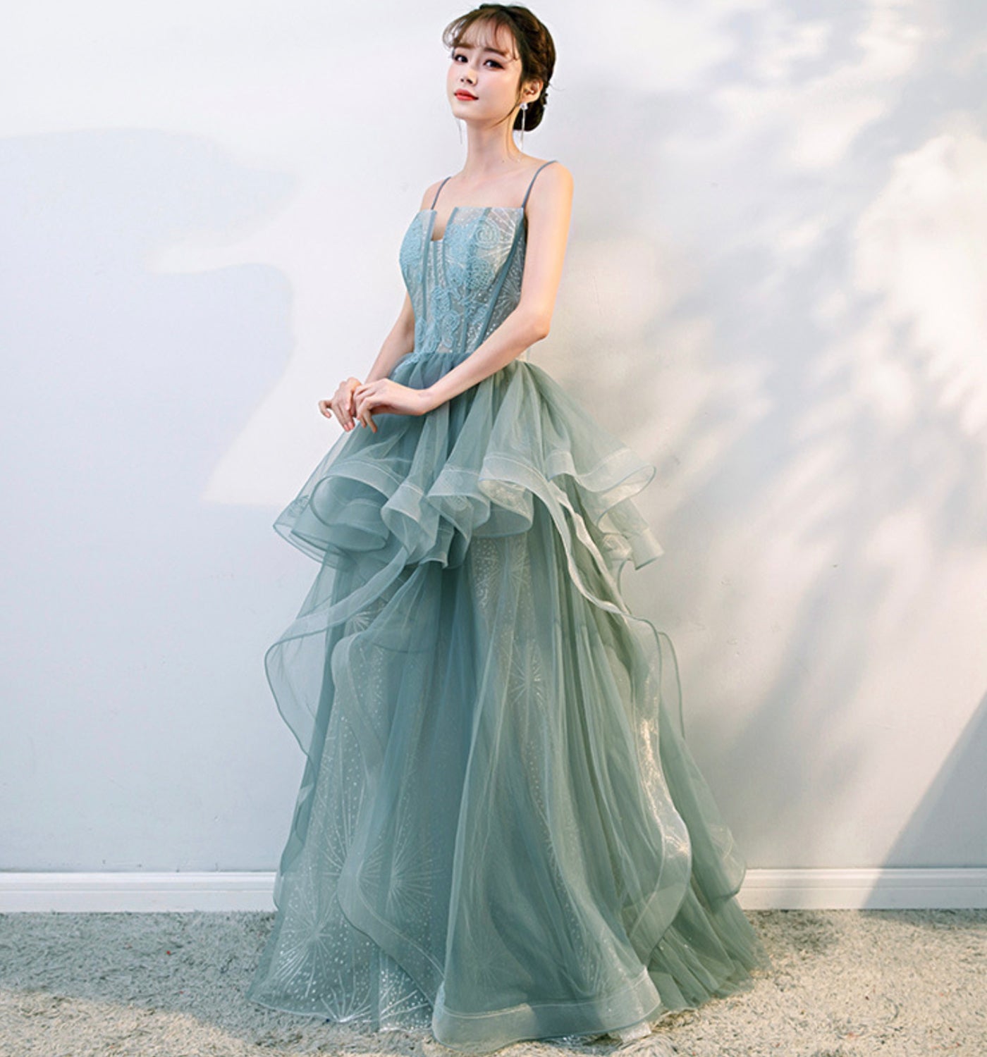 Green tulle lace long prom dress evening gown  10134