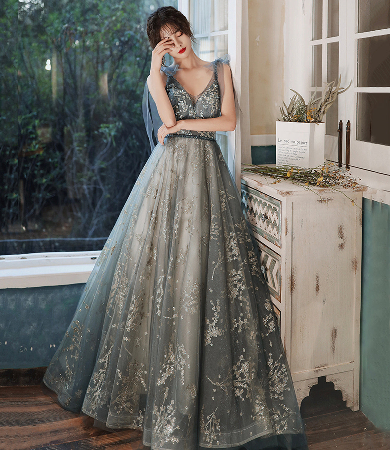 Gray tulle sequins long prom dress evening gown  10121