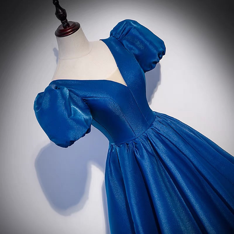 Blue saitn long prom dress A line evening gown  10102