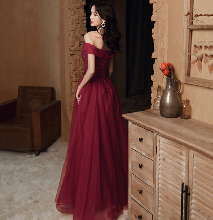 Burgundy lace beads long prom dress evening dress  10114
