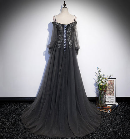 Gray tulle lace long prom dress A line evening dress  10109