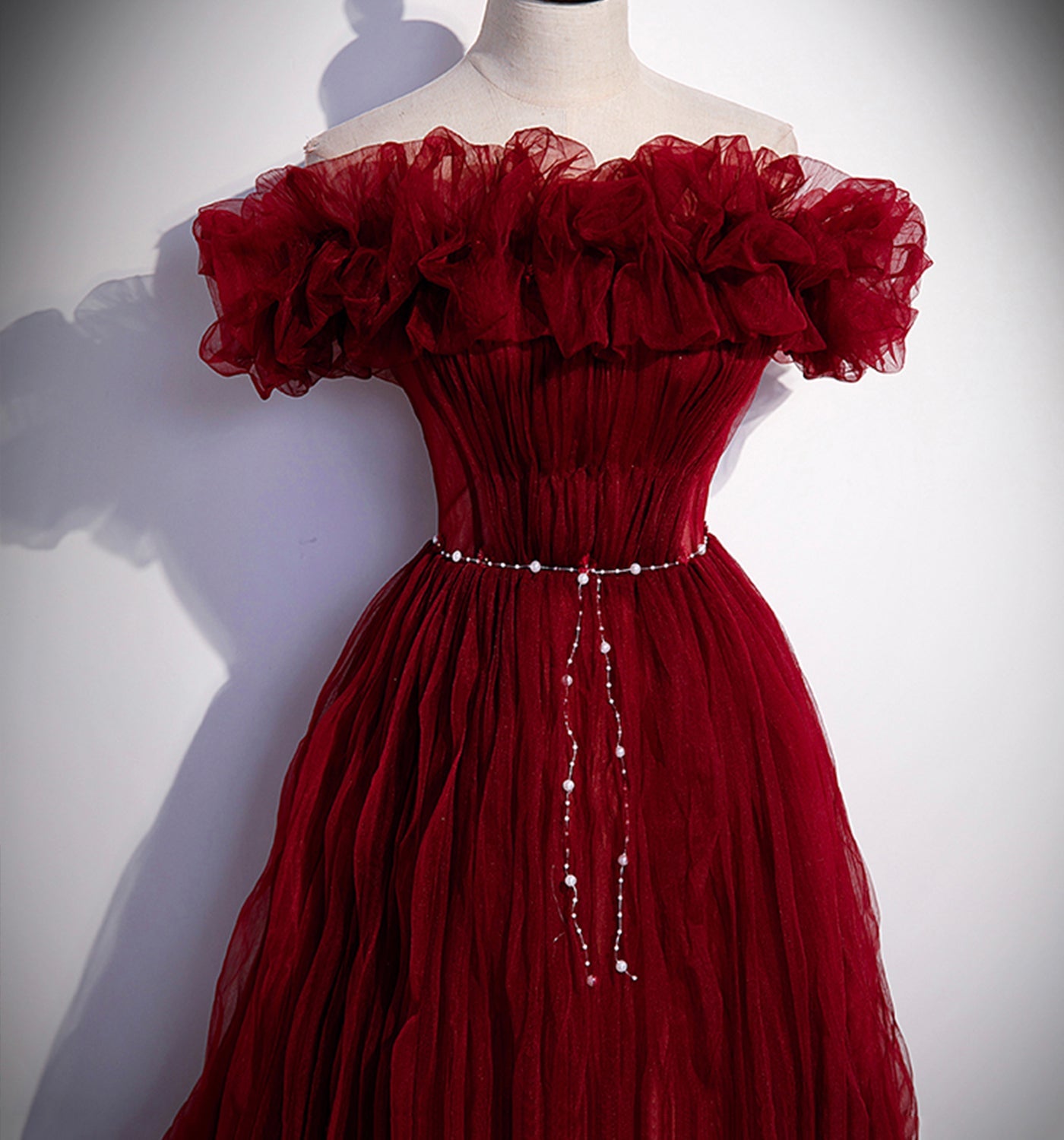 Burgundy tulle long prom dress A line evening gown  10006