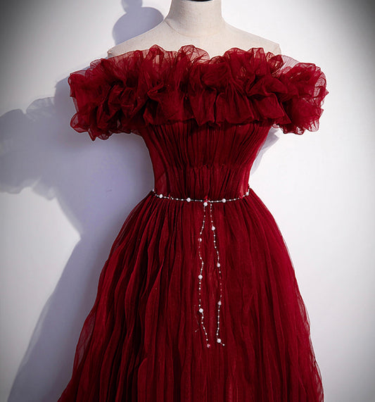 Burgundy tulle long prom dress A line evening gown  10006