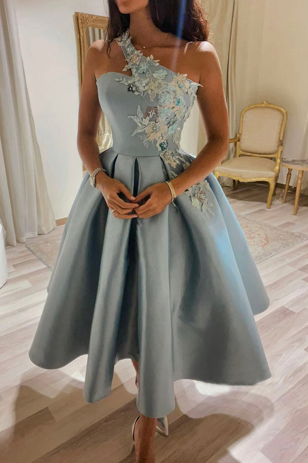 Cute One Shoulder Satin Lace Short Prom Dress,A-Line Party Dresses