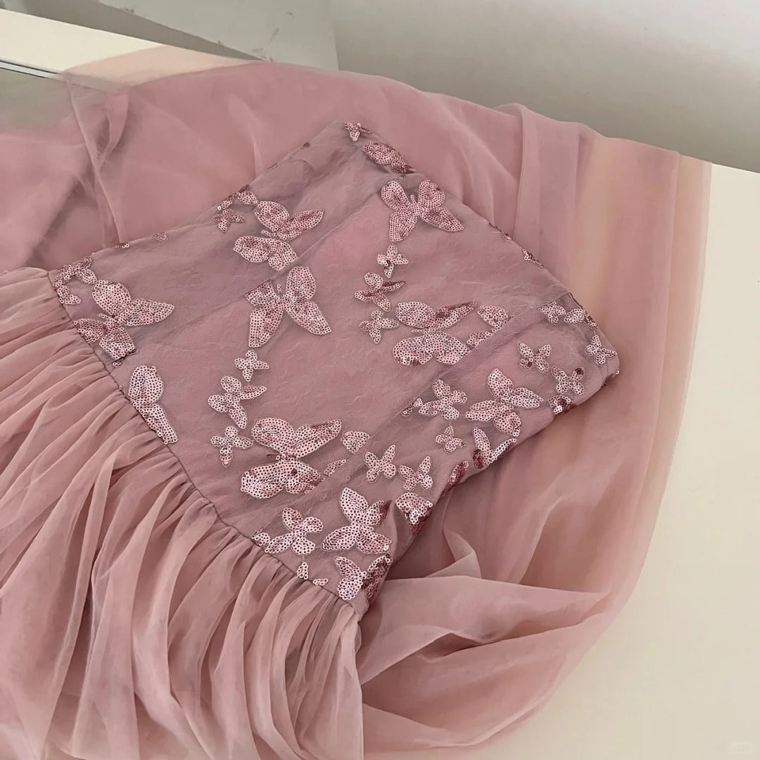 Elegant Pink A-line Tube Top Sequined Tulle Long Prom Dress Evening Dress Bridesmaid Dress P4010