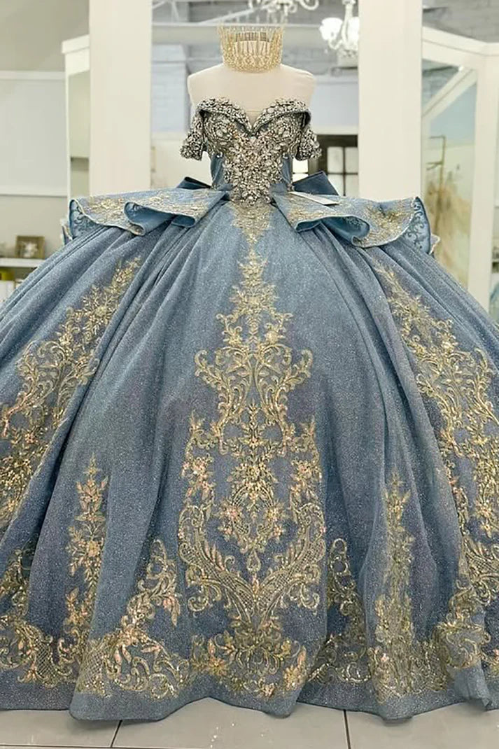 Glamorous Light Blue Blue Glitter Tulle Gold Embroidery Off-the-Shoulder Beaded Sweet 15 Quinceanera Ball Gown TP5436