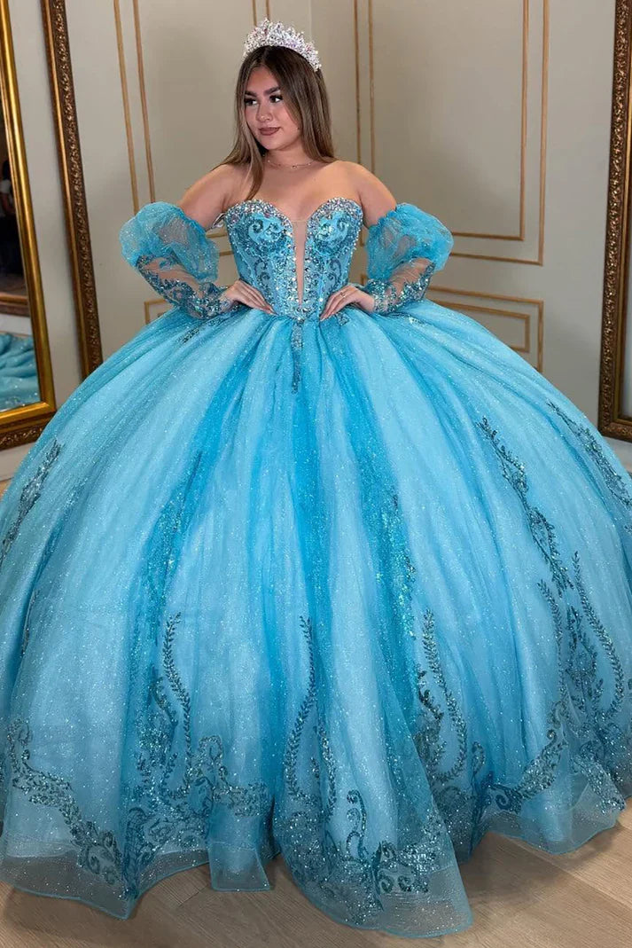 Glamorous Turquoise Glitter Tulle Strapless Beaded Puff Sleeves Sweet 15 Quinceanera Ball Gown TP5438