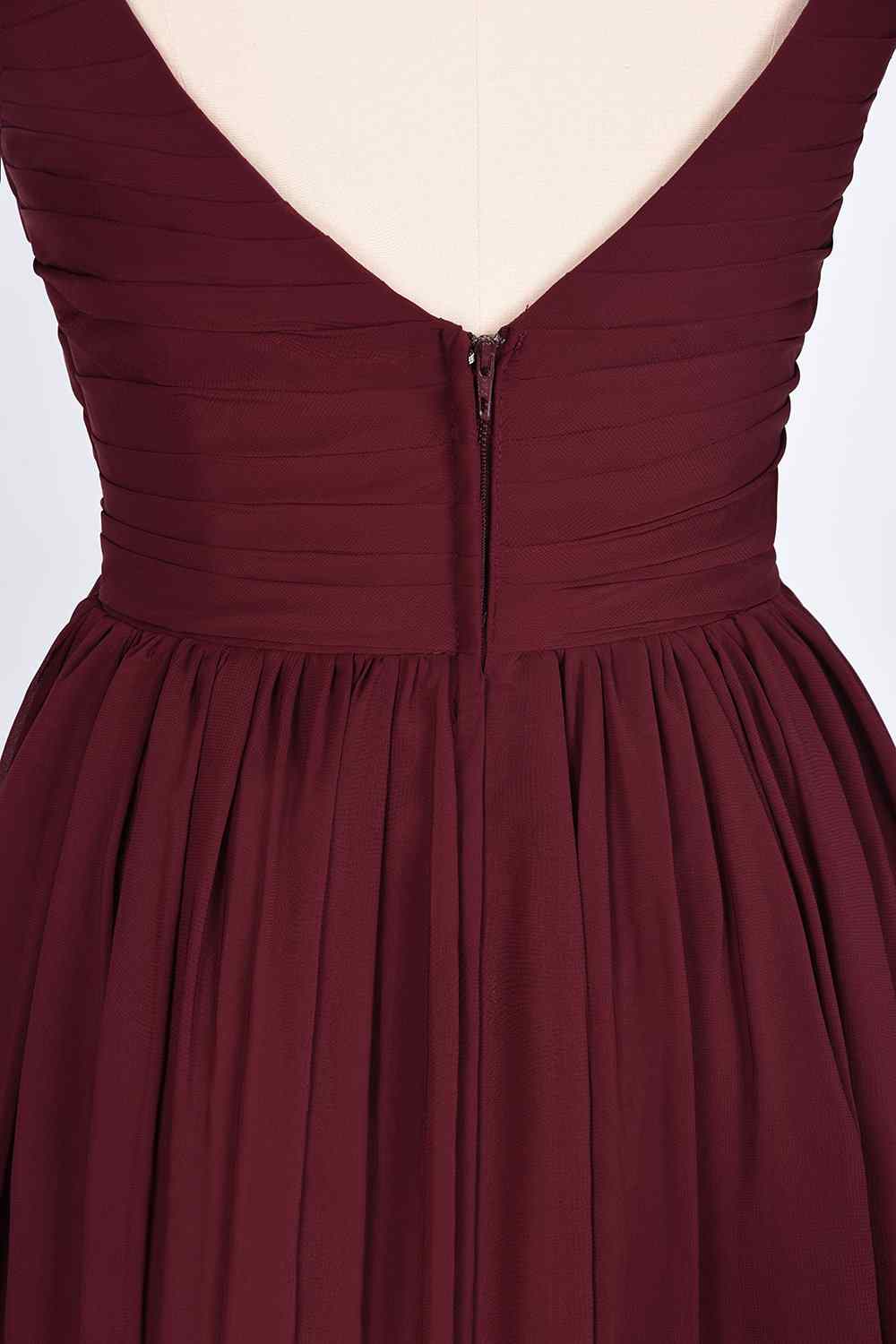 Burgundy A-line V Neck Sheer Straps Pleated Chiffon Long Bridesmaid Dress