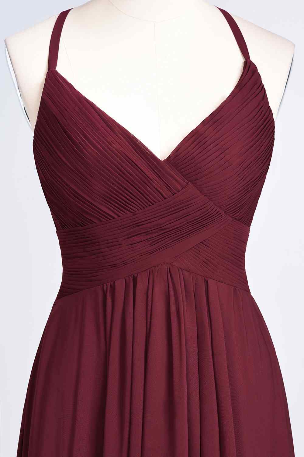 Burgundy A-line V Neck Pleated Crossed Back Chiffon Long Bridesmaid Dress