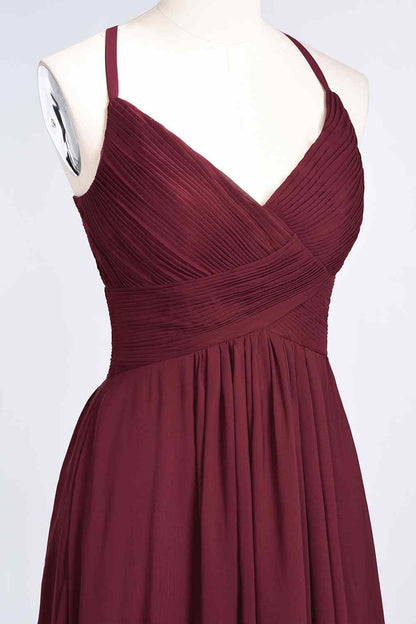 Burgundy A-line V Neck Pleated Crossed Back Chiffon Long Bridesmaid Dress