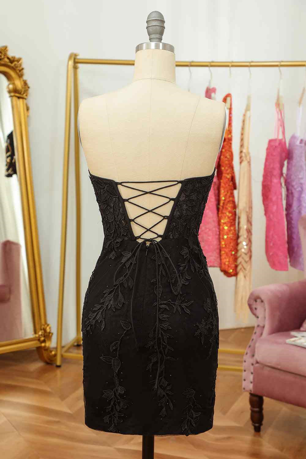 Sheath Strapless Appliques Lace-Up Back Mini Homecoming Dress