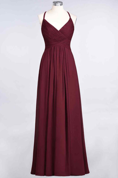 Burgundy A-line V Neck Pleated Crossed Back Chiffon Long Bridesmaid Dress