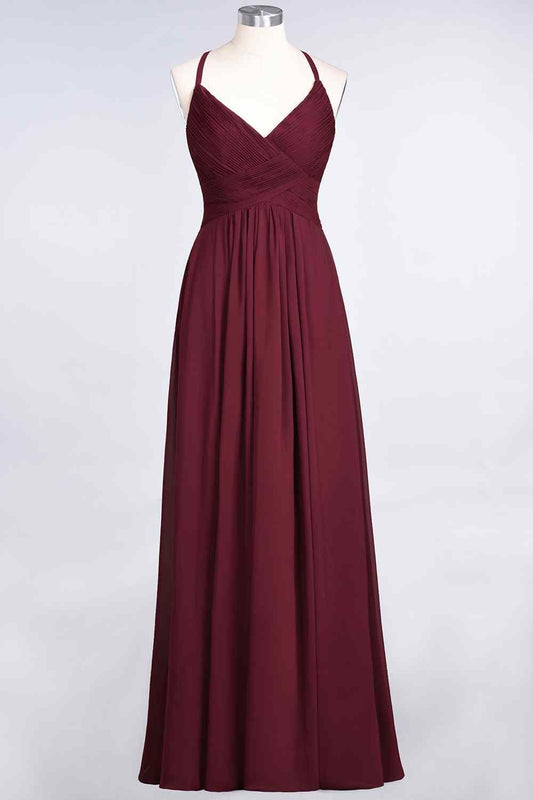 Burgundy A-line V Neck Pleated Crossed Back Chiffon Long Bridesmaid Dress