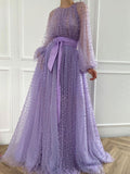 Purple round neck tulle beads long prom dress, purple evening dress
