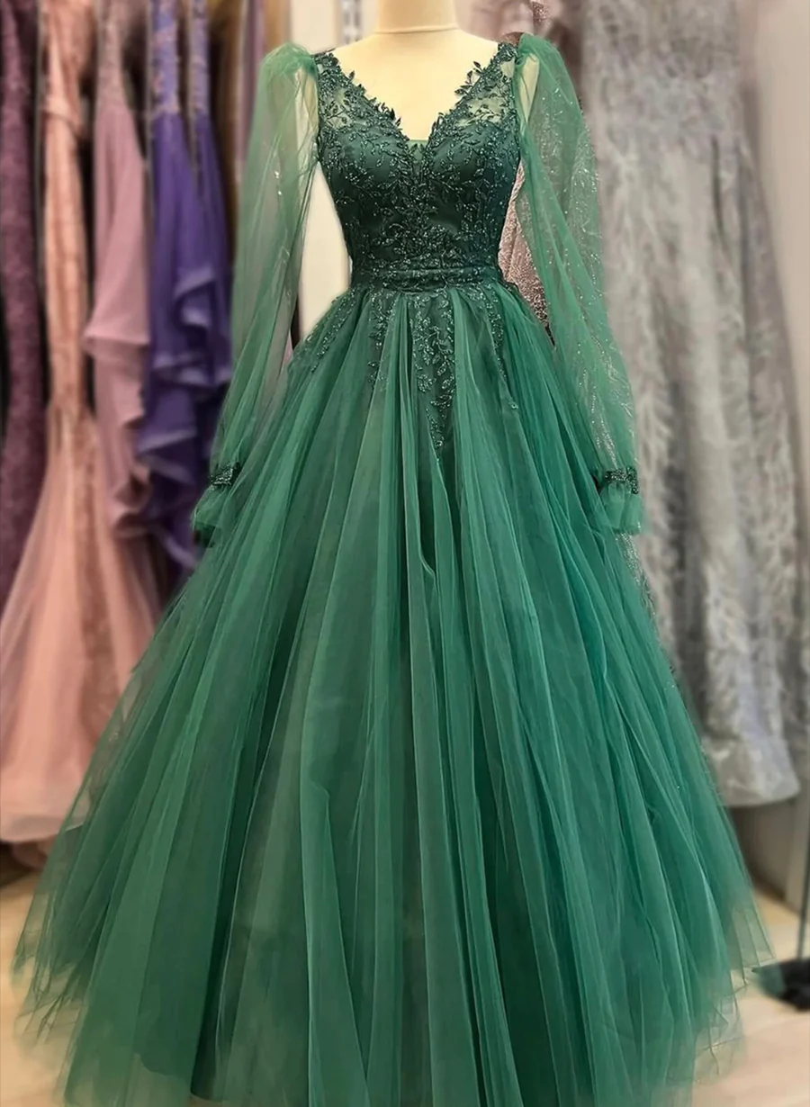 Green Tulle Long Sleeves A-line Party Dress Formal Party Dress